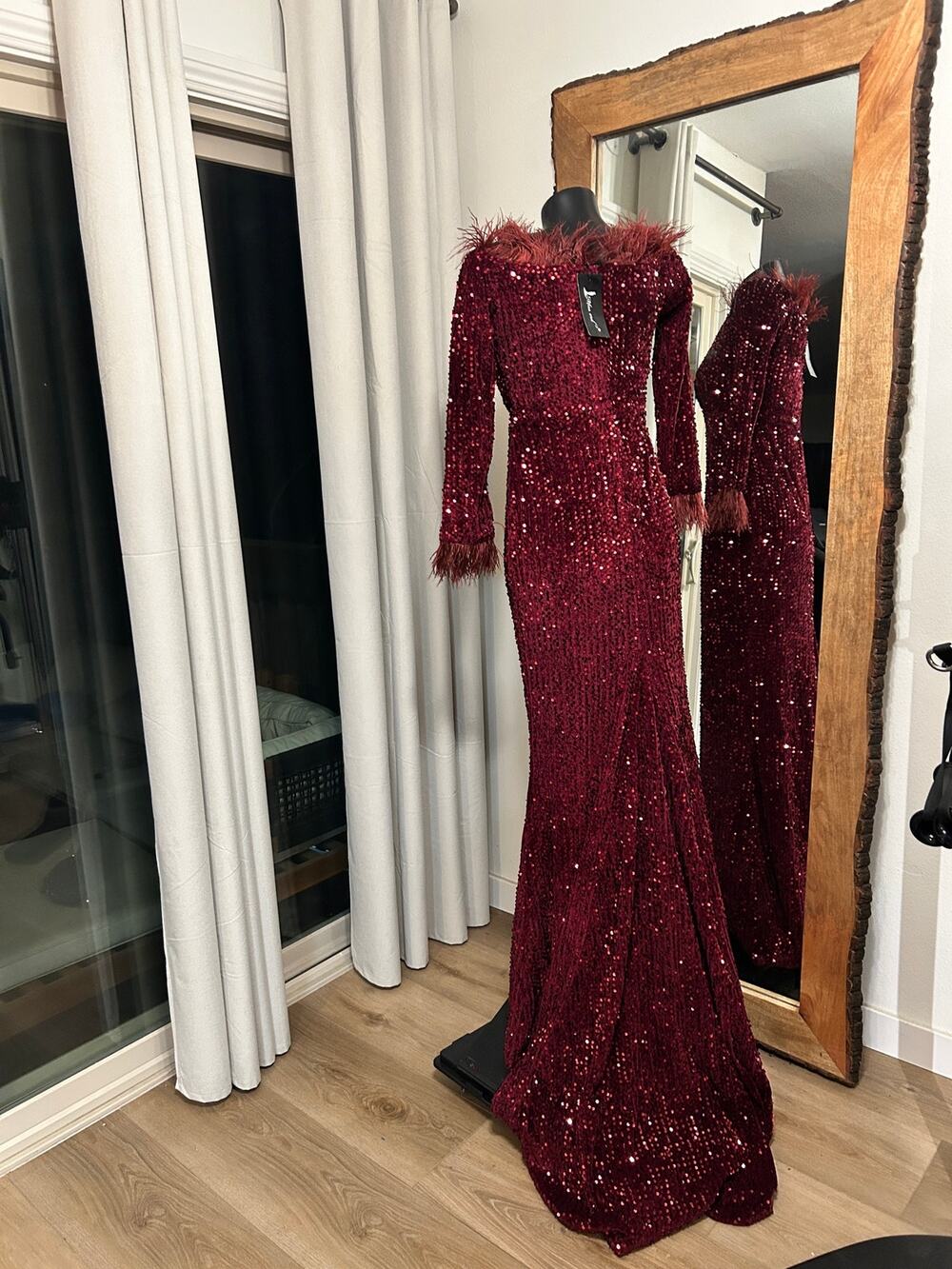 Burgundy Sequin Feather Trim Mermaid Gown Size L NWT by Miss Ord MSRP $314